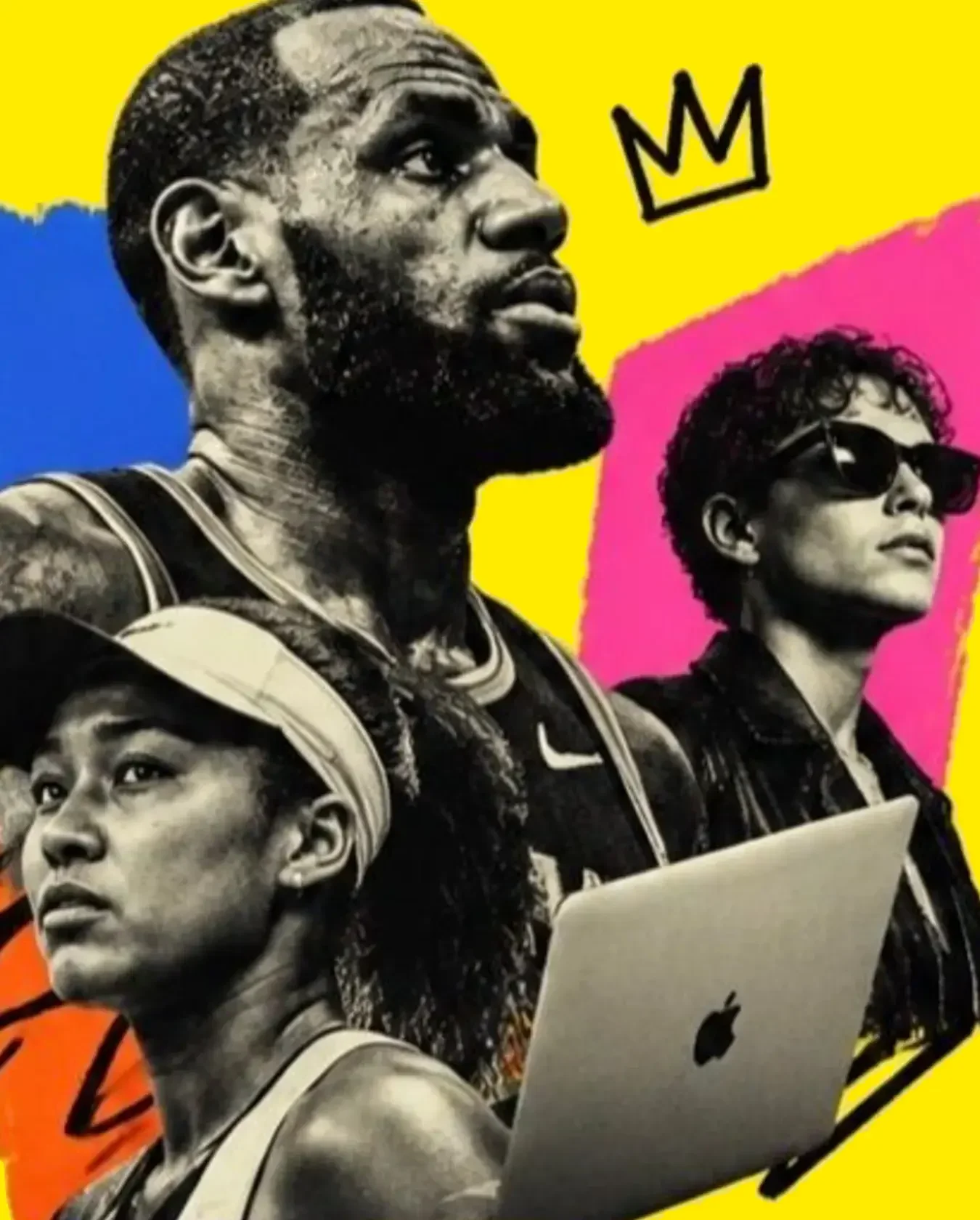 Editorial collage featuring LeBron James, Naomi Osaka and a creative professional in a vivid yellow, blue and pink composition
