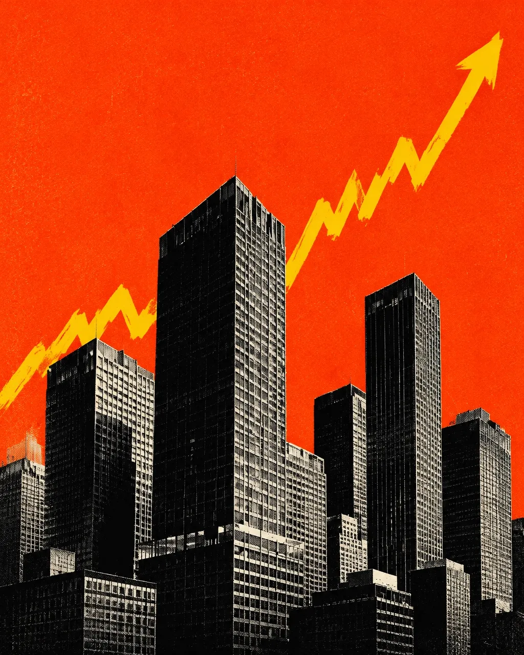 Gritty monochrome city skyline beneath a bright orange sky with a rising yellow graph line