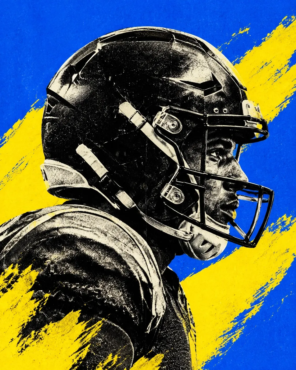 Monochrome editorial portrait of a football player on a blue and yellow background