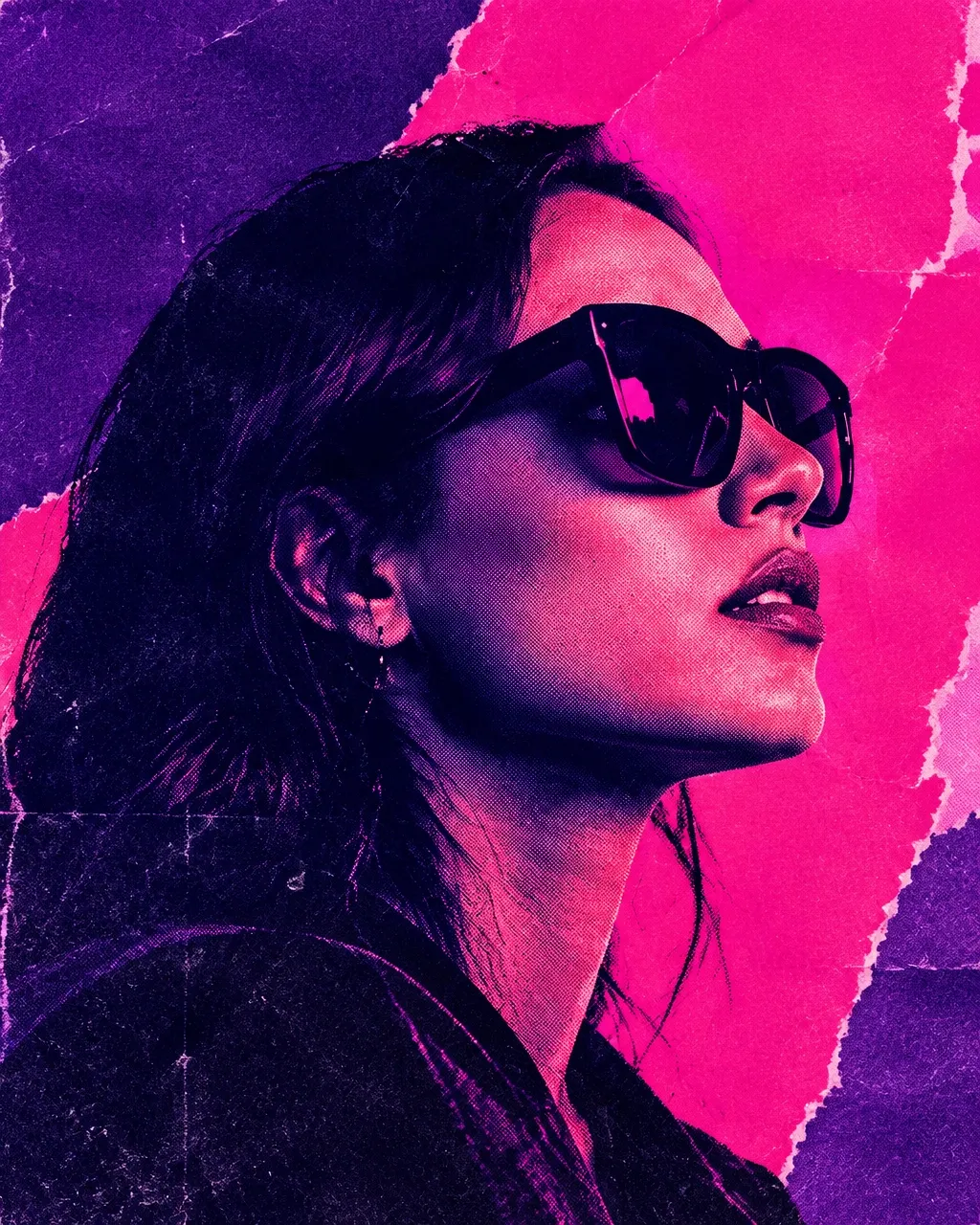 Vibrant halftone editorial portrait of a creator wearing sunglasses